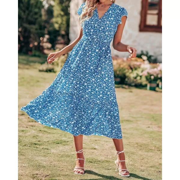 imageBTFBM Women Summer Bohemian Floral Casual Wrap V Neck Ruffle Cap Sleeveless Belt ALine Pleated Hem Swing Midi Sun DressFloral White Blue