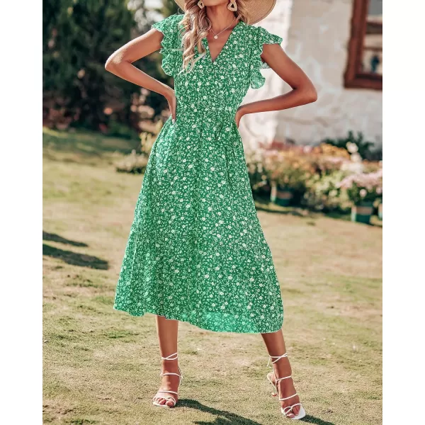 imageBTFBM Women Summer Bohemian Floral Casual Wrap V Neck Ruffle Cap Sleeveless Belt ALine Pleated Hem Swing Midi Sun DressFloral White Green