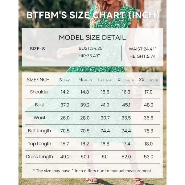 imageBTFBM Women Summer Bohemian Floral Casual Wrap V Neck Ruffle Cap Sleeveless Belt ALine Pleated Hem Swing Midi Sun DressFloral White Green