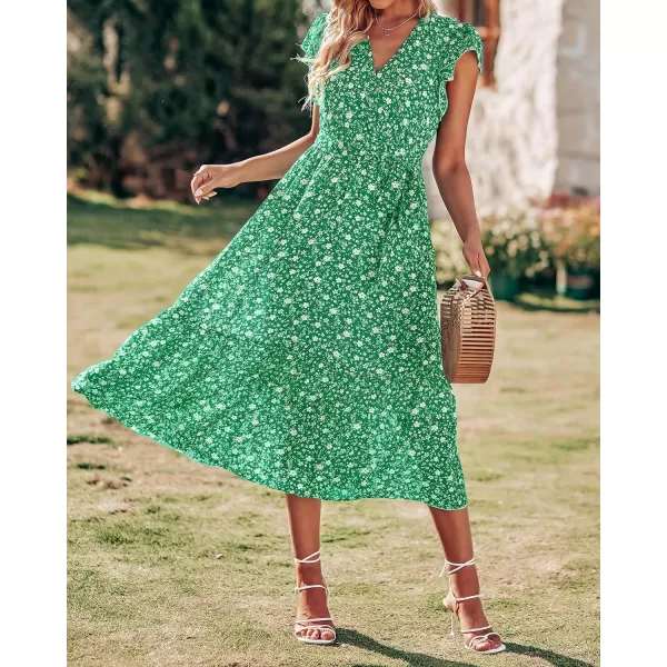 imageBTFBM Women Summer Bohemian Floral Casual Wrap V Neck Ruffle Cap Sleeveless Belt ALine Pleated Hem Swing Midi Sun DressFloral White Green