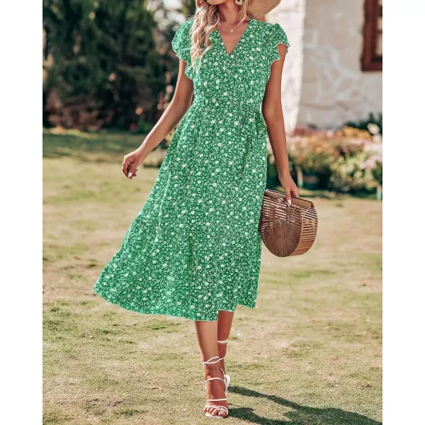 imageBTFBM Women Summer Bohemian Floral Casual Wrap V Neck Ruffle Cap Sleeveless Belt ALine Pleated Hem Swing Midi Sun DressFloral White Green