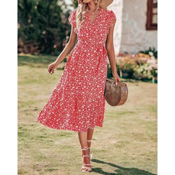 imageBTFBM Women Summer Bohemian Floral Casual Wrap V Neck Ruffle Cap Sleeveless Belt ALine Pleated Hem Swing Midi Sun DressFloral White Red