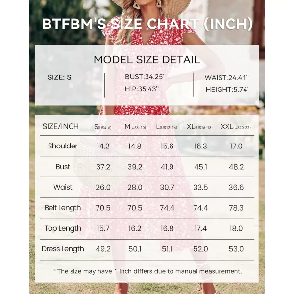 imageBTFBM Women Summer Bohemian Floral Casual Wrap V Neck Ruffle Cap Sleeveless Belt ALine Pleated Hem Swing Midi Sun DressFloral White Red