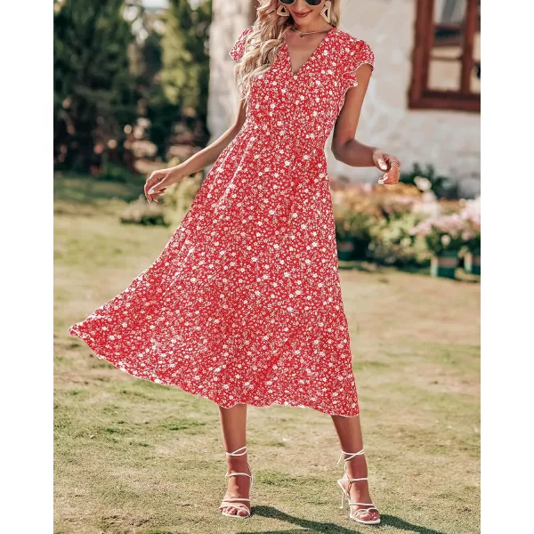 imageBTFBM Women Summer Bohemian Floral Casual Wrap V Neck Ruffle Cap Sleeveless Belt ALine Pleated Hem Swing Midi Sun DressFloral White Red