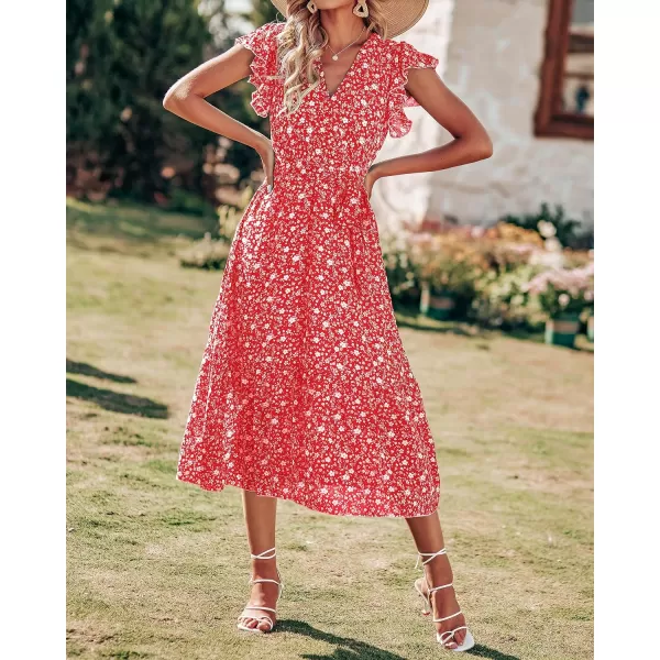 imageBTFBM Women Summer Bohemian Floral Casual Wrap V Neck Ruffle Cap Sleeveless Belt ALine Pleated Hem Swing Midi Sun DressFloral White Red