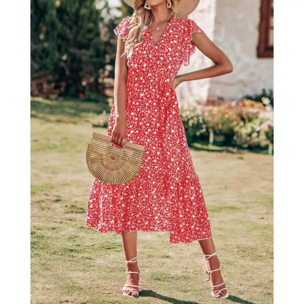 imageBTFBM Women Summer Bohemian Floral Casual Wrap V Neck Ruffle Cap Sleeveless Belt ALine Pleated Hem Swing Midi Sun DressFloral White Red