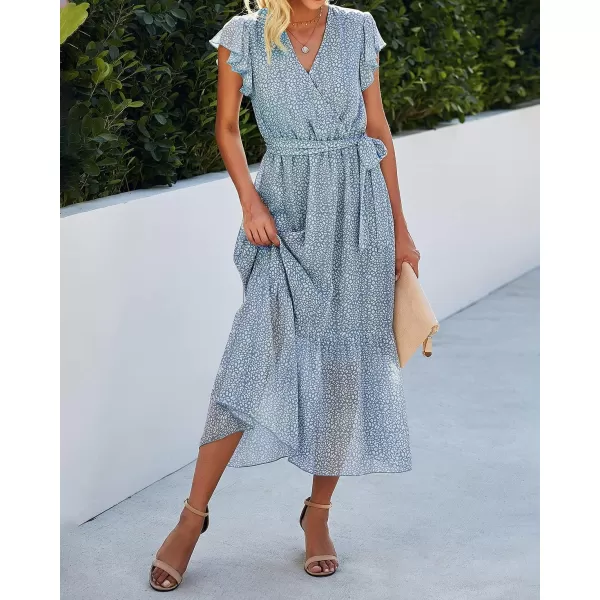 imageBTFBM Women Summer Bohemian Floral Casual Wrap V Neck Ruffle Cap Sleeveless Belt ALine Pleated Hem Swing Midi Sun DressLight Blue