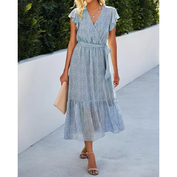 imageBTFBM Women Summer Bohemian Floral Casual Wrap V Neck Ruffle Cap Sleeveless Belt ALine Pleated Hem Swing Midi Sun DressLight Blue