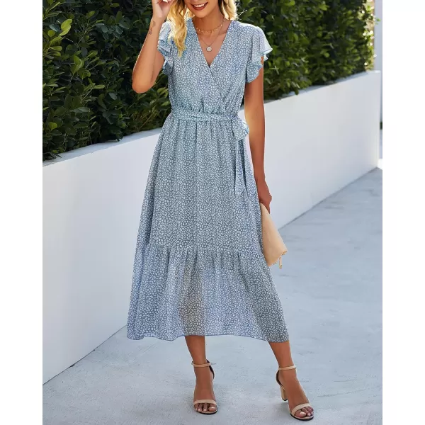 imageBTFBM Women Summer Bohemian Floral Casual Wrap V Neck Ruffle Cap Sleeveless Belt ALine Pleated Hem Swing Midi Sun DressLight Blue