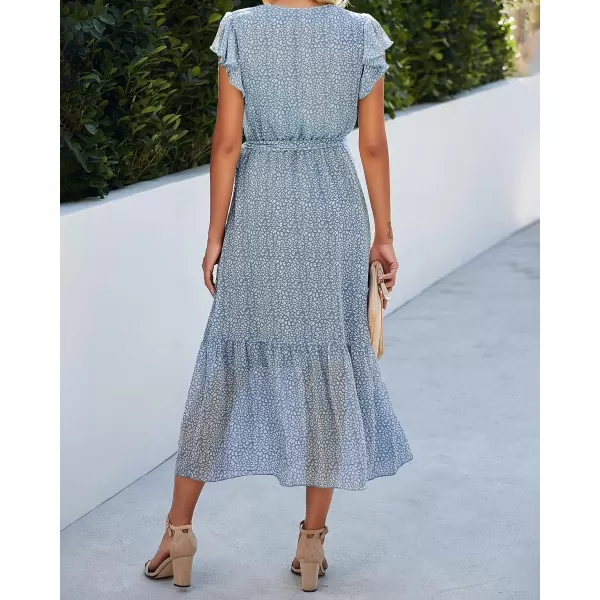 imageBTFBM Women Summer Bohemian Floral Casual Wrap V Neck Ruffle Cap Sleeveless Belt ALine Pleated Hem Swing Midi Sun DressLight Blue