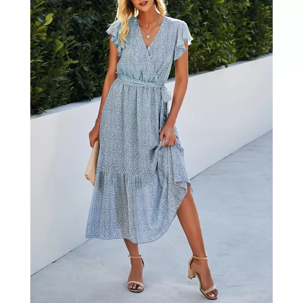 imageBTFBM Women Summer Bohemian Floral Casual Wrap V Neck Ruffle Cap Sleeveless Belt ALine Pleated Hem Swing Midi Sun DressLight Blue