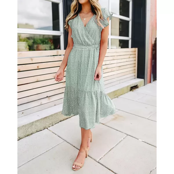 imageBTFBM Women Summer Bohemian Floral Casual Wrap V Neck Ruffle Cap Sleeveless Belt ALine Pleated Hem Swing Midi Sun DressLight Green