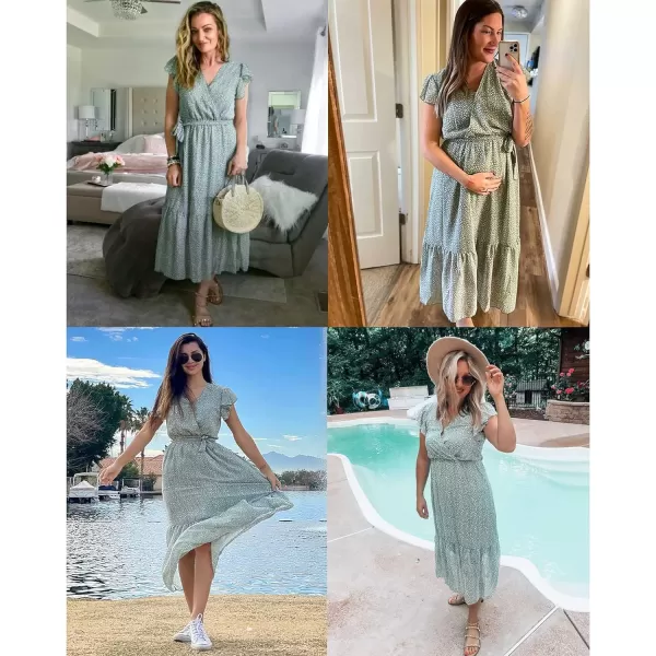 imageBTFBM Women Summer Bohemian Floral Casual Wrap V Neck Ruffle Cap Sleeveless Belt ALine Pleated Hem Swing Midi Sun DressLight Green