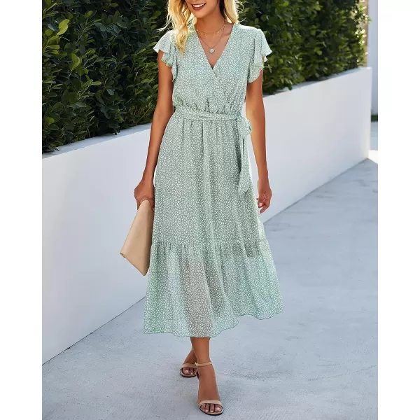 imageBTFBM Women Summer Bohemian Floral Casual Wrap V Neck Ruffle Cap Sleeveless Belt ALine Pleated Hem Swing Midi Sun DressLight Green