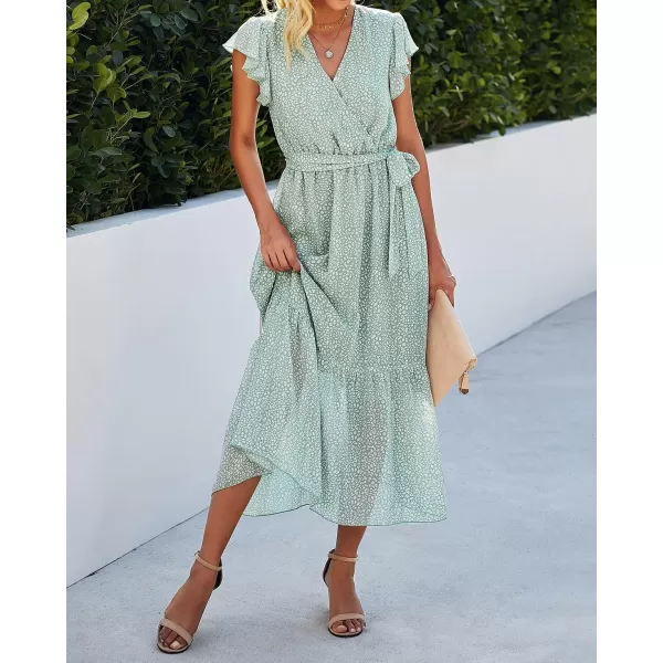 imageBTFBM Women Summer Bohemian Floral Casual Wrap V Neck Ruffle Cap Sleeveless Belt ALine Pleated Hem Swing Midi Sun DressLight Green