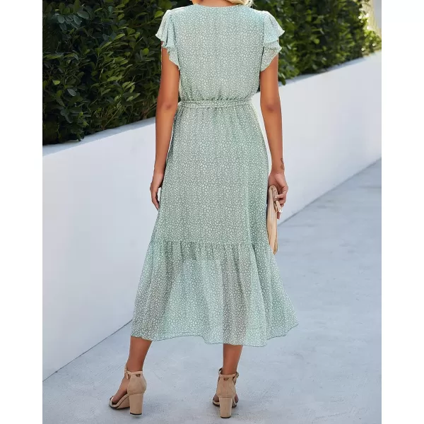 imageBTFBM Women Summer Bohemian Floral Casual Wrap V Neck Ruffle Cap Sleeveless Belt ALine Pleated Hem Swing Midi Sun DressLight Green