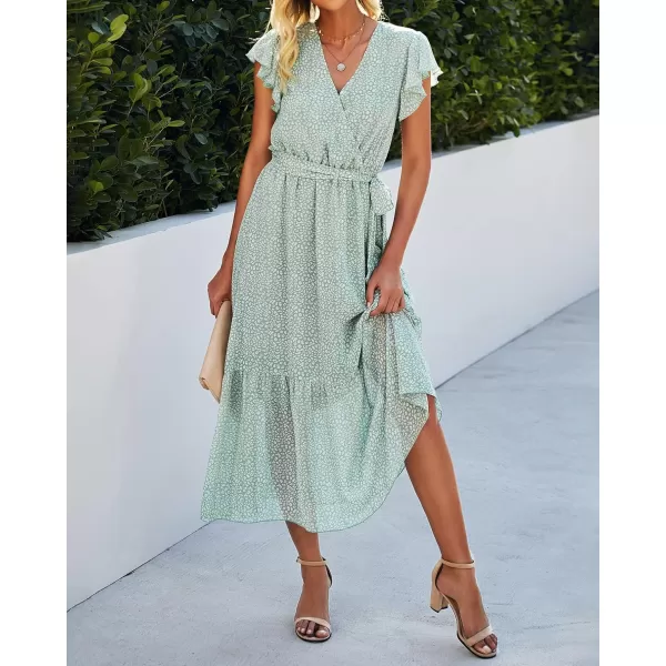 imageBTFBM Women Summer Bohemian Floral Casual Wrap V Neck Ruffle Cap Sleeveless Belt ALine Pleated Hem Swing Midi Sun DressLight Green