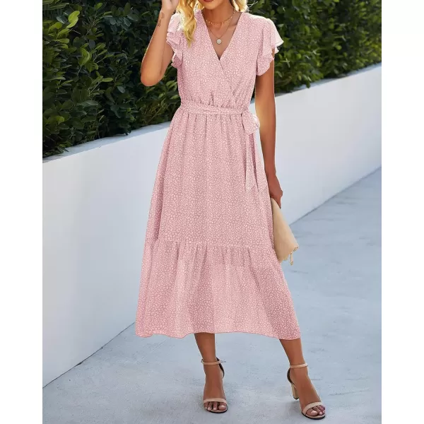 imageBTFBM Women Summer Bohemian Floral Casual Wrap V Neck Ruffle Cap Sleeveless Belt ALine Pleated Hem Swing Midi Sun DressPink