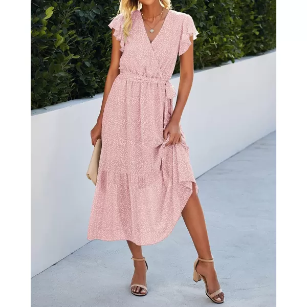 imageBTFBM Women Summer Bohemian Floral Casual Wrap V Neck Ruffle Cap Sleeveless Belt ALine Pleated Hem Swing Midi Sun DressPink