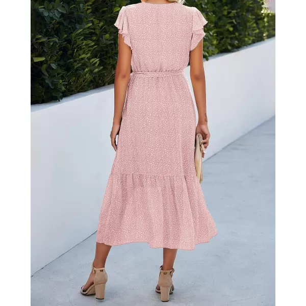 imageBTFBM Women Summer Bohemian Floral Casual Wrap V Neck Ruffle Cap Sleeveless Belt ALine Pleated Hem Swing Midi Sun DressPink