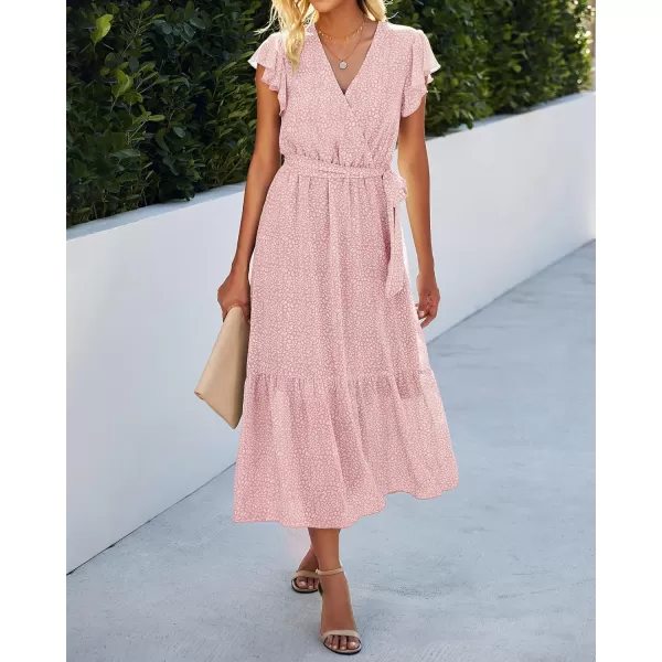imageBTFBM Women Summer Bohemian Floral Casual Wrap V Neck Ruffle Cap Sleeveless Belt ALine Pleated Hem Swing Midi Sun DressPink