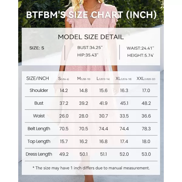 imageBTFBM Women Summer Bohemian Floral Casual Wrap V Neck Ruffle Cap Sleeveless Belt ALine Pleated Hem Swing Midi Sun DressPink