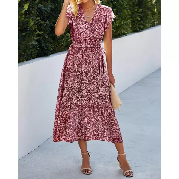 imageBTFBM Women Summer Bohemian Floral Casual Wrap V Neck Ruffle Cap Sleeveless Belt ALine Pleated Hem Swing Midi Sun DressRed