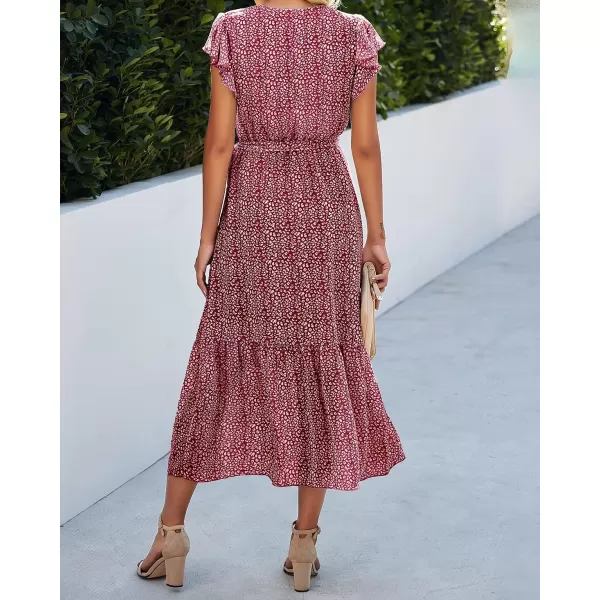 imageBTFBM Women Summer Bohemian Floral Casual Wrap V Neck Ruffle Cap Sleeveless Belt ALine Pleated Hem Swing Midi Sun DressRed