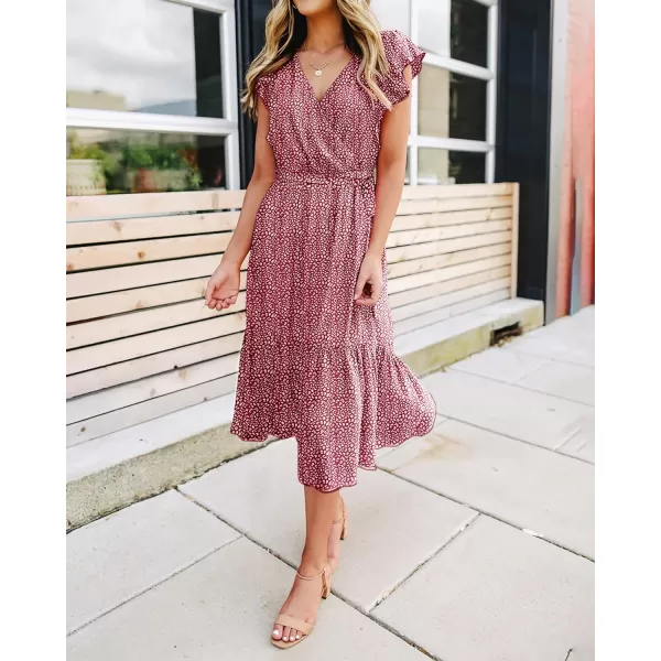 imageBTFBM Women Summer Bohemian Floral Casual Wrap V Neck Ruffle Cap Sleeveless Belt ALine Pleated Hem Swing Midi Sun DressRed