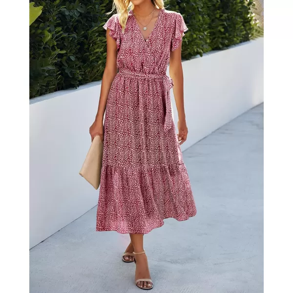 imageBTFBM Women Summer Bohemian Floral Casual Wrap V Neck Ruffle Cap Sleeveless Belt ALine Pleated Hem Swing Midi Sun DressRed