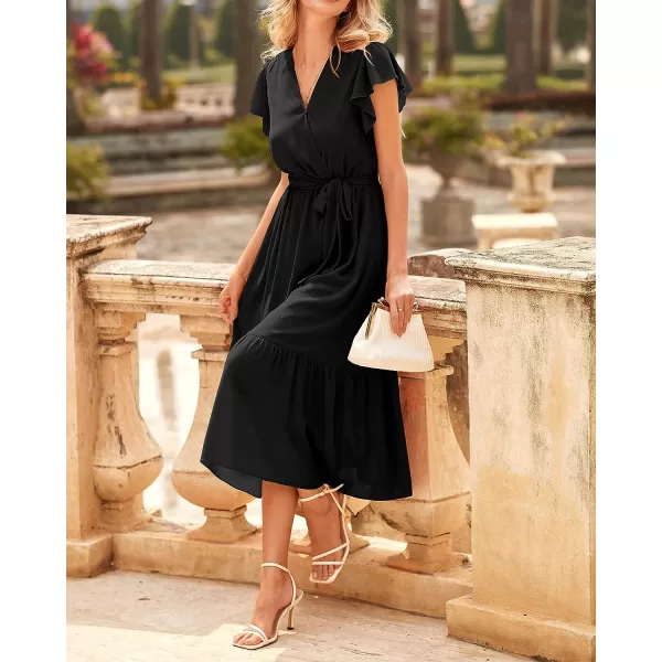 imageBTFBM Women Summer Bohemian Floral Casual Wrap V Neck Ruffle Cap Sleeveless Belt ALine Pleated Hem Swing Midi Sun DressSolid Black
