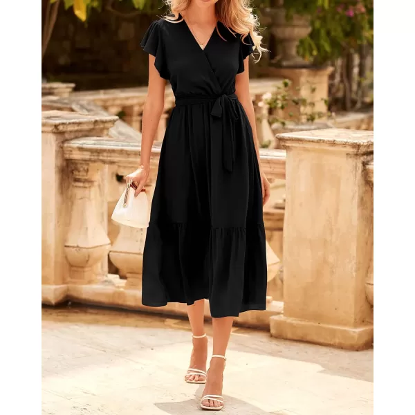 imageBTFBM Women Summer Bohemian Floral Casual Wrap V Neck Ruffle Cap Sleeveless Belt ALine Pleated Hem Swing Midi Sun DressSolid Black