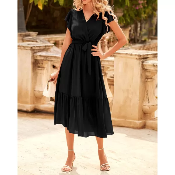imageBTFBM Women Summer Bohemian Floral Casual Wrap V Neck Ruffle Cap Sleeveless Belt ALine Pleated Hem Swing Midi Sun DressSolid Black