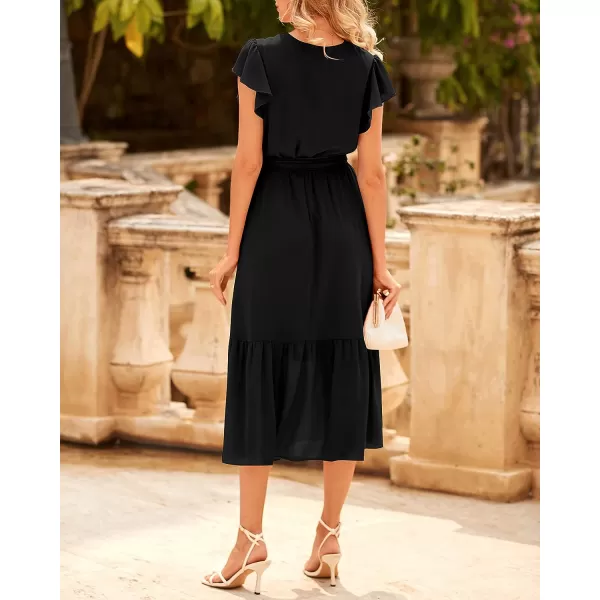 imageBTFBM Women Summer Bohemian Floral Casual Wrap V Neck Ruffle Cap Sleeveless Belt ALine Pleated Hem Swing Midi Sun DressSolid Black