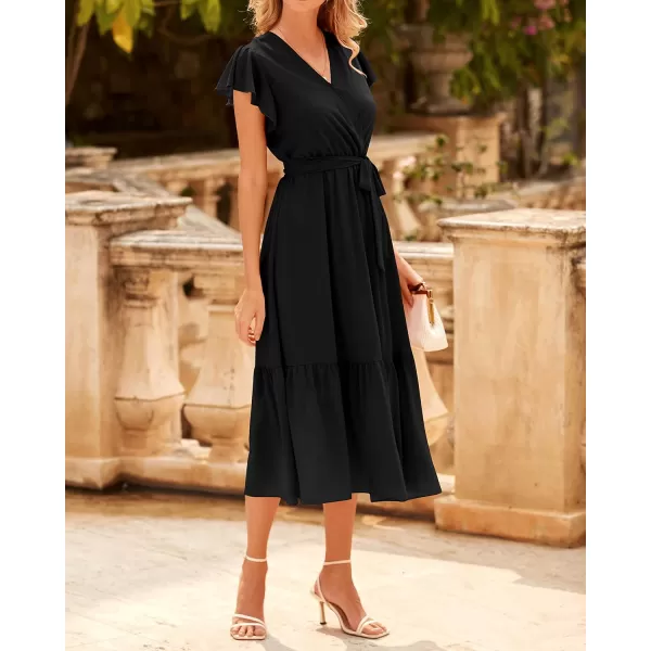 imageBTFBM Women Summer Bohemian Floral Casual Wrap V Neck Ruffle Cap Sleeveless Belt ALine Pleated Hem Swing Midi Sun DressSolid Black