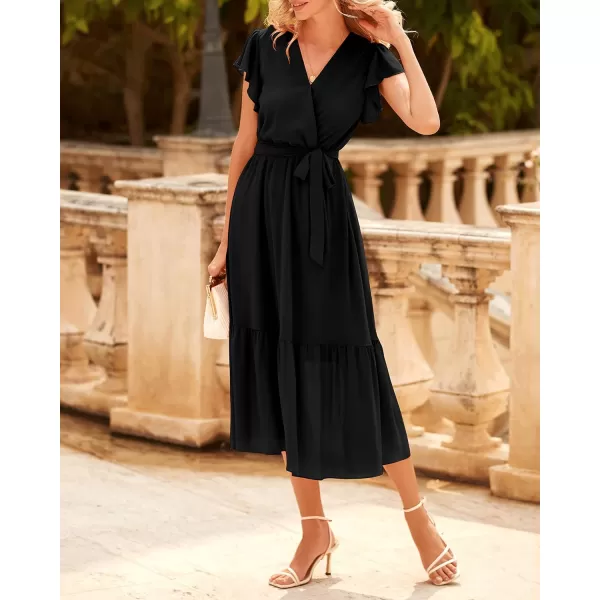 imageBTFBM Women Summer Bohemian Floral Casual Wrap V Neck Ruffle Cap Sleeveless Belt ALine Pleated Hem Swing Midi Sun DressSolid Black