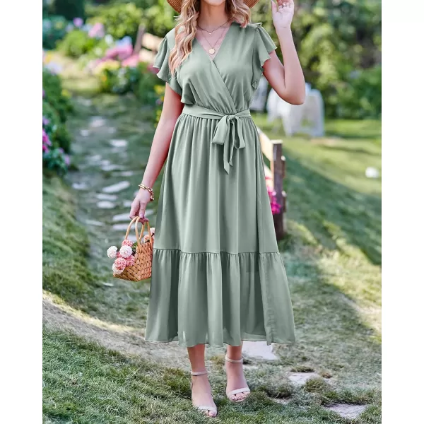 imageBTFBM Women Summer Bohemian Floral Casual Wrap V Neck Ruffle Cap Sleeveless Belt ALine Pleated Hem Swing Midi Sun DressSolid Green
