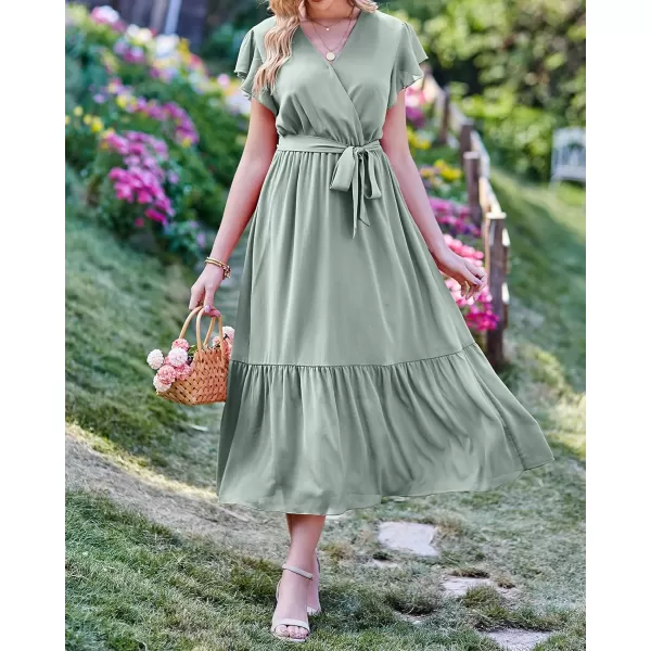 imageBTFBM Women Summer Bohemian Floral Casual Wrap V Neck Ruffle Cap Sleeveless Belt ALine Pleated Hem Swing Midi Sun DressSolid Green