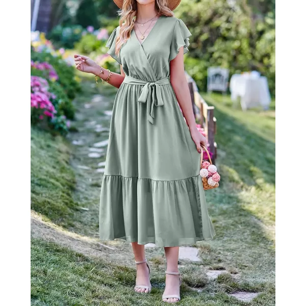 imageBTFBM Women Summer Bohemian Floral Casual Wrap V Neck Ruffle Cap Sleeveless Belt ALine Pleated Hem Swing Midi Sun DressSolid Green