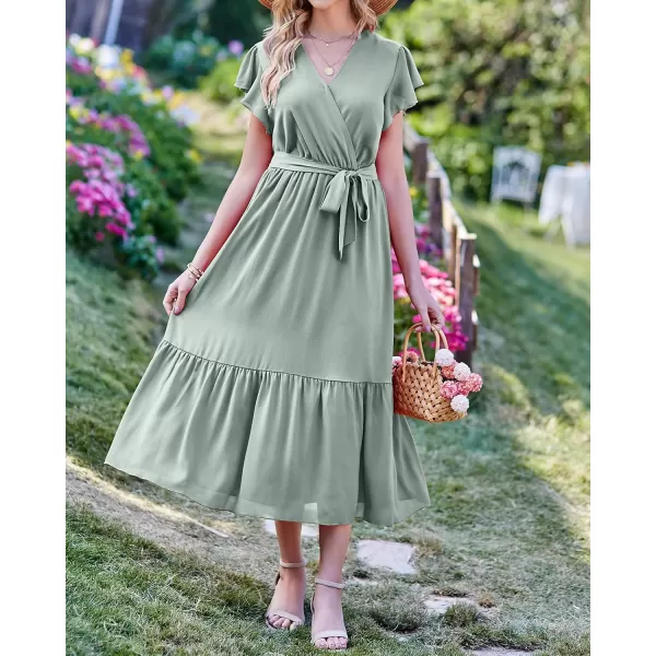 imageBTFBM Women Summer Bohemian Floral Casual Wrap V Neck Ruffle Cap Sleeveless Belt ALine Pleated Hem Swing Midi Sun DressSolid Green