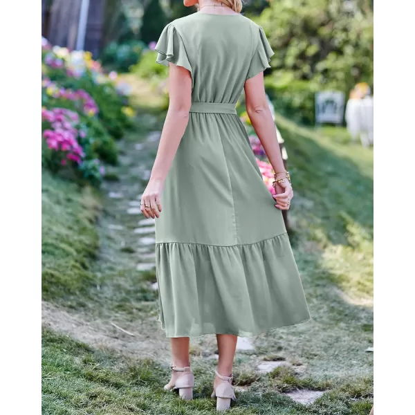 imageBTFBM Women Summer Bohemian Floral Casual Wrap V Neck Ruffle Cap Sleeveless Belt ALine Pleated Hem Swing Midi Sun DressSolid Green