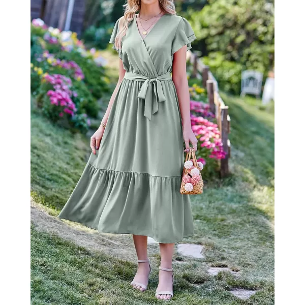 imageBTFBM Women Summer Bohemian Floral Casual Wrap V Neck Ruffle Cap Sleeveless Belt ALine Pleated Hem Swing Midi Sun DressSolid Green