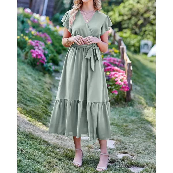 imageBTFBM Women Summer Bohemian Floral Casual Wrap V Neck Ruffle Cap Sleeveless Belt ALine Pleated Hem Swing Midi Sun DressSolid Green