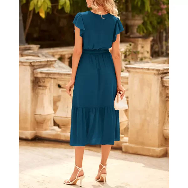 imageBTFBM Women Summer Bohemian Floral Casual Wrap V Neck Ruffle Cap Sleeveless Belt ALine Pleated Hem Swing Midi Sun DressSolid Lake Blue