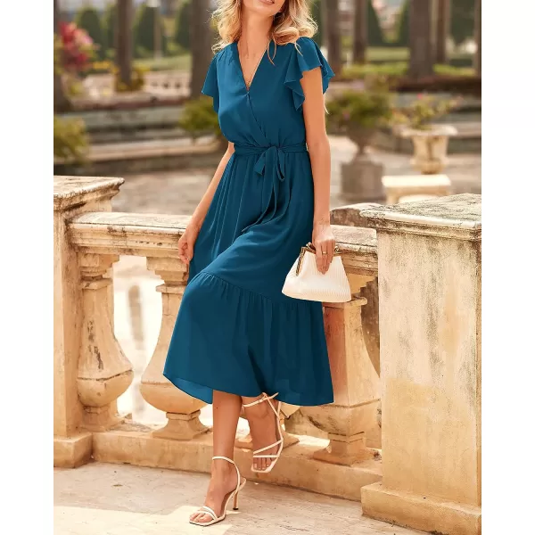 imageBTFBM Women Summer Bohemian Floral Casual Wrap V Neck Ruffle Cap Sleeveless Belt ALine Pleated Hem Swing Midi Sun DressSolid Lake Blue