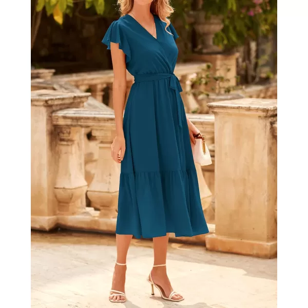 imageBTFBM Women Summer Bohemian Floral Casual Wrap V Neck Ruffle Cap Sleeveless Belt ALine Pleated Hem Swing Midi Sun DressSolid Lake Blue