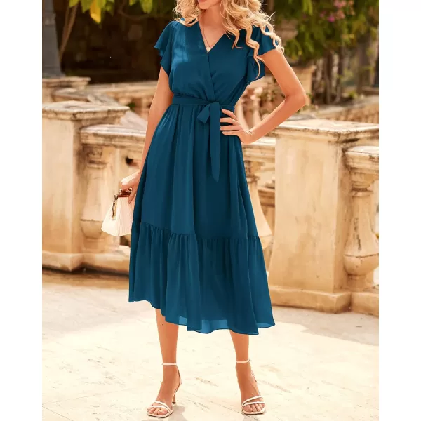 imageBTFBM Women Summer Bohemian Floral Casual Wrap V Neck Ruffle Cap Sleeveless Belt ALine Pleated Hem Swing Midi Sun DressSolid Lake Blue