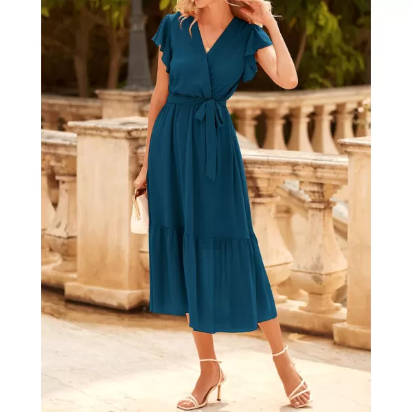 imageBTFBM Women Summer Bohemian Floral Casual Wrap V Neck Ruffle Cap Sleeveless Belt ALine Pleated Hem Swing Midi Sun DressSolid Lake Blue