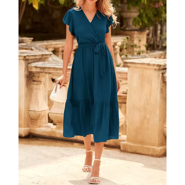 imageBTFBM Women Summer Bohemian Floral Casual Wrap V Neck Ruffle Cap Sleeveless Belt ALine Pleated Hem Swing Midi Sun DressSolid Lake Blue