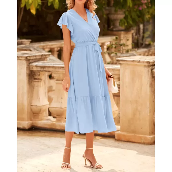 imageBTFBM Women Summer Bohemian Floral Casual Wrap V Neck Ruffle Cap Sleeveless Belt ALine Pleated Hem Swing Midi Sun DressSolid Light Blue